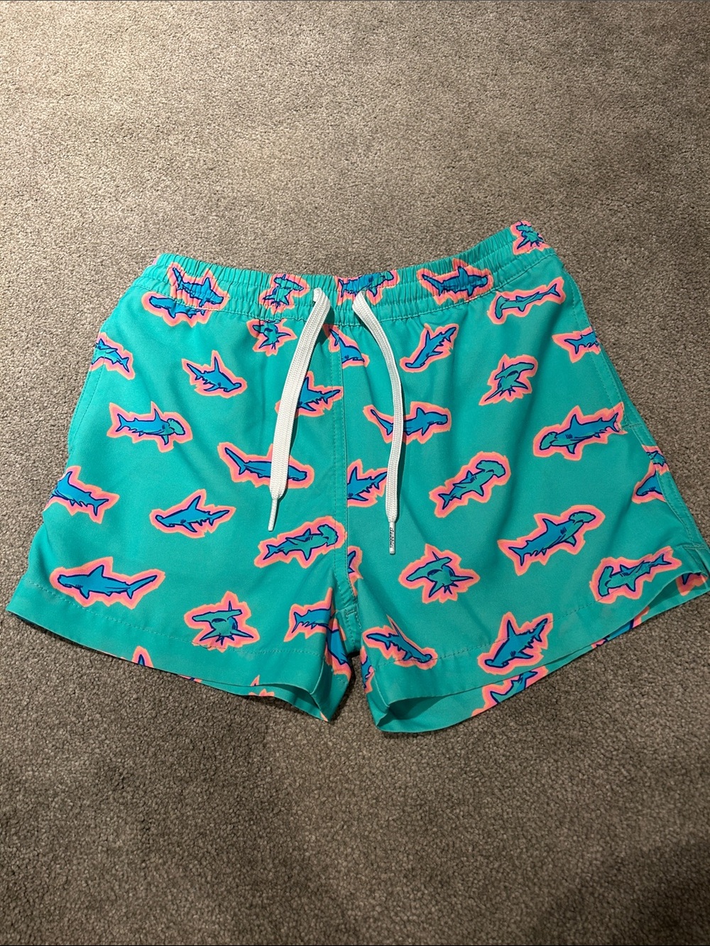 chubbies Kids Swim Trunks Teal with Pink and Blue Shark Print
